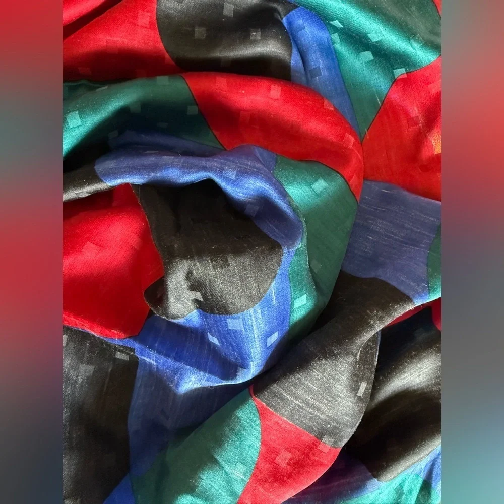 Ginnie Johansen Vintage Silk Scarf 35” Black Blue Green Red Rolled Edges